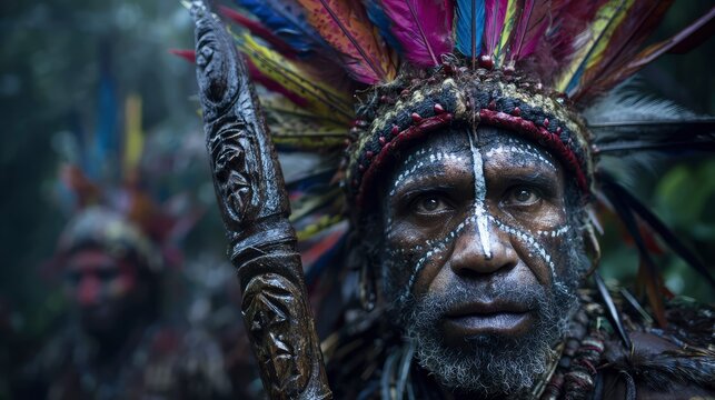 Papua New Guinea tribesman in vibrant feathered headdress, facial tattoos, holding a carved totem staff