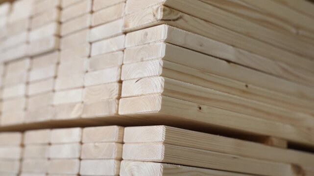 Rows of neatly stacked pine timber planks in a workshop or warehouse, showing clean edges, uniform size, and natural grain ready for woodworking or construction use
