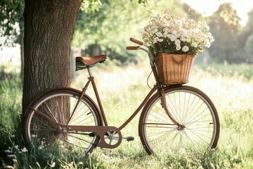 Fototapeta premium Vintage bicycle with floral basket under trees