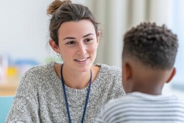 A speech therapist uses colorful flashcards to help a young boy with his pronunciation in a friendly clinic. Child development.