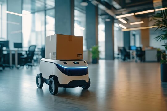 Automated delivery robot moving through office