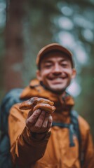 Obraz premium Portrait of a smiling person holding a large mushroom in the forest, blurred natural background, earthy tones