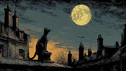 Black cat on the roof chimney looking at the moon, painted illustration