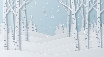 snow covered hills, trees with falling snowflakes a light blue background.Merry christmas,Snow forest. pines in winter and mountain Paper vector Illustration winter landscape with white birch trees,