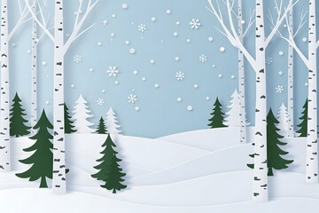 snow covered hills, trees with falling snowflakes a light blue background.Merry christmas,Snow forest. pines in winter and mountain Paper vector Illustration winter landscape with white birch trees,