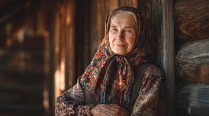 Portrait of an elderly Slavic woman in a traditional floral scarf and embroidered blouse, standing beside a wooden izba