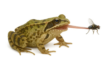 frog catches a fly on a transparent background. food chain in nature