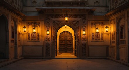 Magnificent illuminated haveli entrance with ornate archway and exquisite architectural details