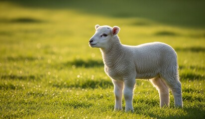 Adorable lamb grazing peacefully in a sunlit meadow on a beautiful spring day full of fresh green grass