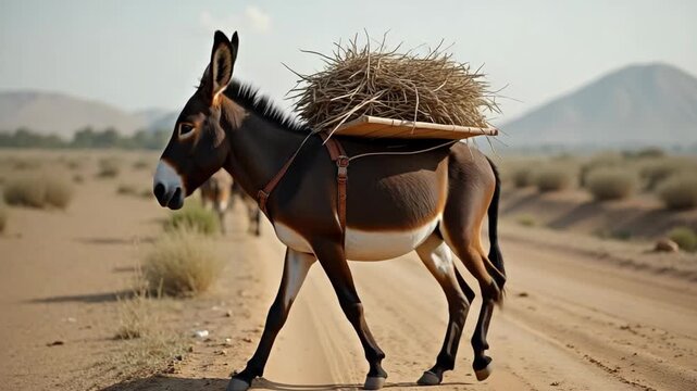 Donkey carries hay on road in desert, showcasing animal under sunlight. Donkey carries hay on road, portraying hard work in rural landscape.