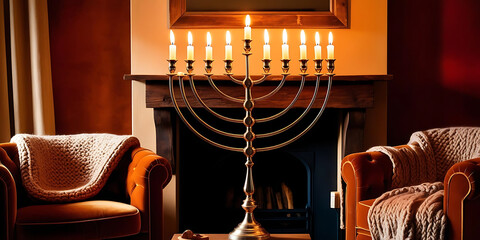 Lit Menorah with Nine Candles on Mantle in Cozy Room with Fireplace and Armchairs

