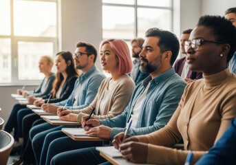 Obraz premium A diverse group of adults and young people seated in a classroom, attentively taking notes and engaged in a learning environment, with natural light from windows.