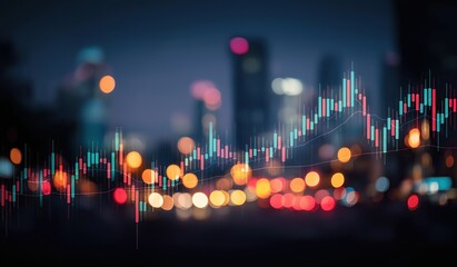 Stock market candlestick chart with blurred city lights bokeh background, financial data visualization and business success concept with depth of field effect