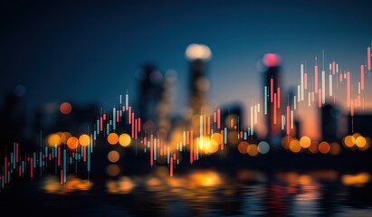 Digital stock market candlestick chart with blurred city lights and skyline background, financial data visualization and trading concept with bokeh effect