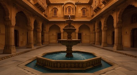 Majestic haveli architecture showcasing intricate design with fountain detail