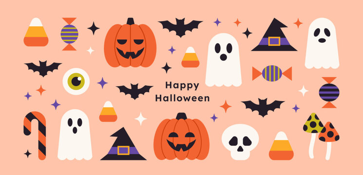 Halloween icon geometric set. Cute ghost, hat, bat, candy, pumpkins, mushrooms, skull. Flat autumn holiday stickers. Perfect for greeting card, party invitation, poster. Vector trendy illustration.