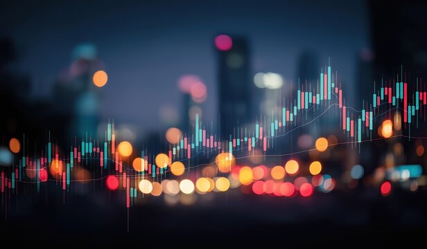 Stock market candlestick chart with blurred city lights bokeh background, financial data visualization and business success concept with depth of field effect