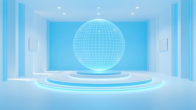 Rotating globe hologram or light grid animation in the background. Calm motion of floating UI elements. Perfect seamless loop for news presentations.