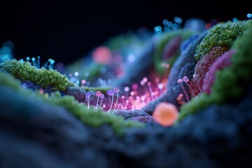A surreal, beautiful symphony of glowing creatures representing a healthy gut microbiome. A concept for digestion, wellness, and probiotics.