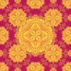 seamless floral pattern,yellow,red curves and painted to create flowers shape,leaves with red background in geometric patterns to as sarong,tile,printed fabric,batik,fabric,tablecloth patterns.