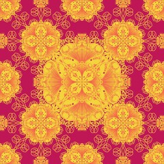 seamless floral pattern,yellow,red curves and painted to create flowers shape,leaves with red background in geometric patterns to as sarong,tile,printed fabric,batik,fabric,tablecloth patterns.