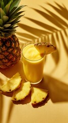 Tropical mango-pineapple smoothie with slices of fruit arranged artfully, palm leaf shadow on background