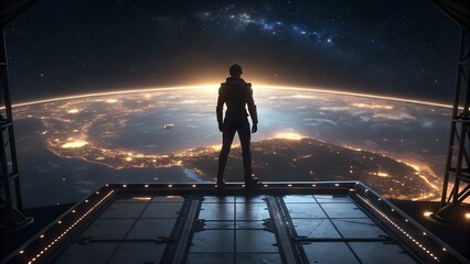 Hologram of the Earth, night view, human silhouette