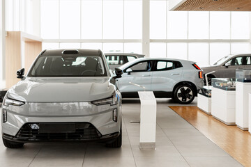 Electric cars standing in the showroom of a car dealership © Maria Vitkovska