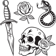 Black and White Traditional Tattoo Style Set with Skull, Snake, Dagger, Rose and Moon Elements