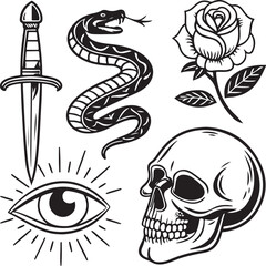Black and White Traditional Tattoo Style Set with Skull, Snake, Dagger, Rose and Moon Elements