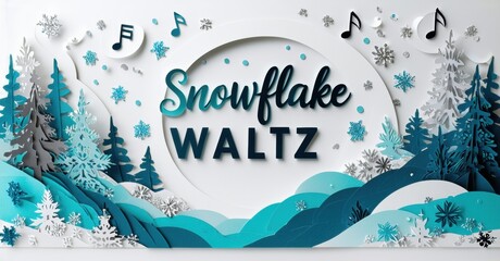 Winter scene depicts snow covered trees, musical notes, snowflake waltz text. Paper cut style illustration, cool color palette.