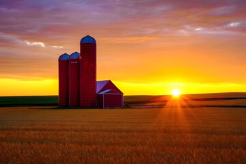 In a wide field, a striking red silo is positioned centrally, contrasting with the greenery around it.