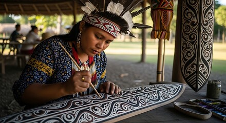A woman artist meticulously paints intricate patterns on a wooden carving, showcasing traditional craftsmanship.