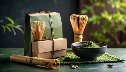 Matcha Tea Ceremony Still Life with Bamboo Whisk, Bowl, and Gift Packaging