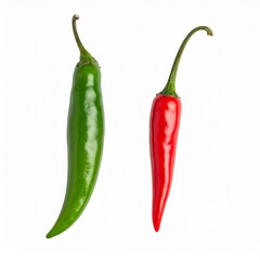 Red and Green Chili Peppers on White Background with Contrasting Colors