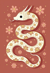 Obraz premium Celebrate the Year of the Snake with this elegant Chinese Zodiac illustration, featuring a beautiful floral-patterned serpent for good fortune and prosperity. 