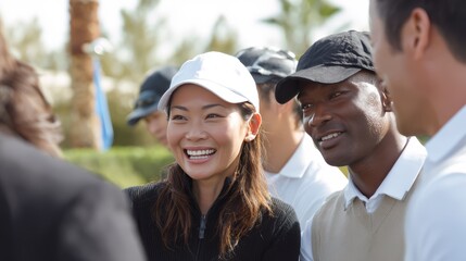 A diverse group of golfers, including a young Asian woman with long black hair and a senior African man, smiling and engaging in conversation on a sunny day.
