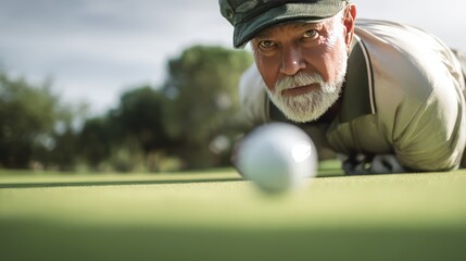 Senior Caucasian man with gray beard focuses on a golf ball on the green. The scene captures a moment of concentration in a golf game.