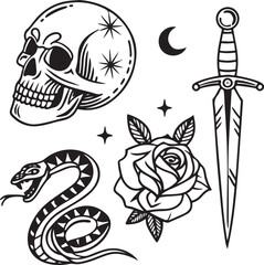 Black and White Traditional Tattoo Style Set with Skull, Snake, Dagger, Rose and Moon Elements