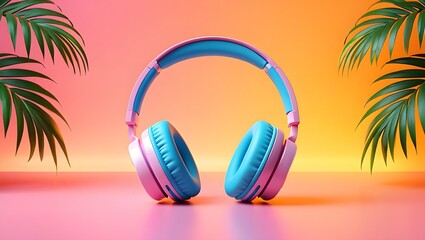 Headphones surrounded by colorful palm leaves against a vibrant  background