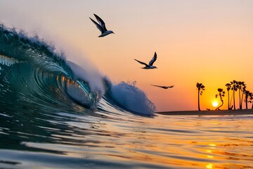 Ocean Wave Sunset Palm Tree Tropical Scene