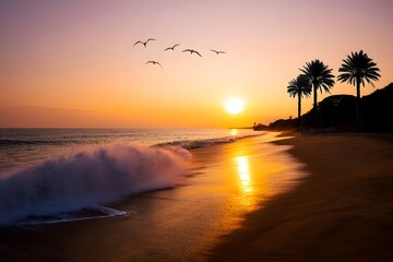 Ocean Wave Sunset Palm Tree Tropical Scene