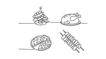 Continuous Line Food Vector Illustration Set Isolated on Transparent Background