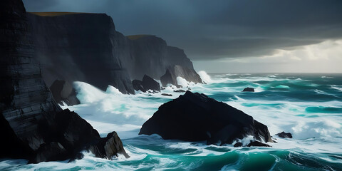 Stormy Coastal Cliffs with Crashing Waves Under Moody Sky


