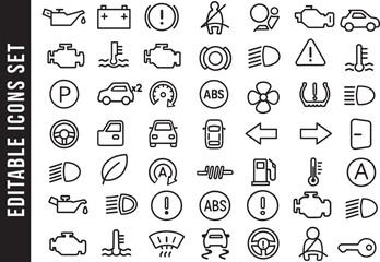 Editable Set of Car Dashboard Warning Lights and Indicator Icons