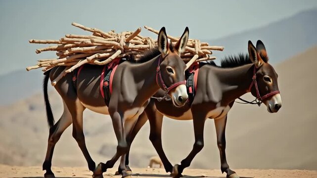 Two donkeys carrying wood, two donkeys transporting firewood across arid landscape. Working donkeys show a traditional method of transporting goods in rural areas. Two donkeys for sustainable,