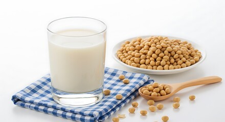 Soy milk and soybeans arranged on a white surface with blue cloth