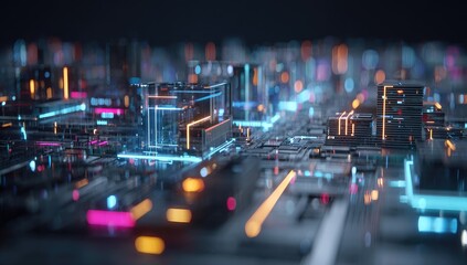 Abstract digital cityscape, glowing circuits
