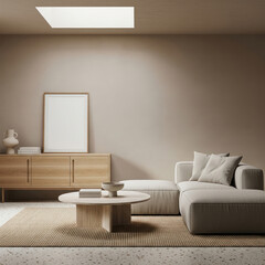 Mockup poster frame in minimalist beige living room interior with Scandinavian furniture and natural light