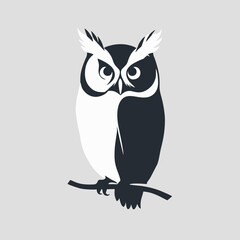 A striking black and white minimalist illustration of an owl perched on a branch.